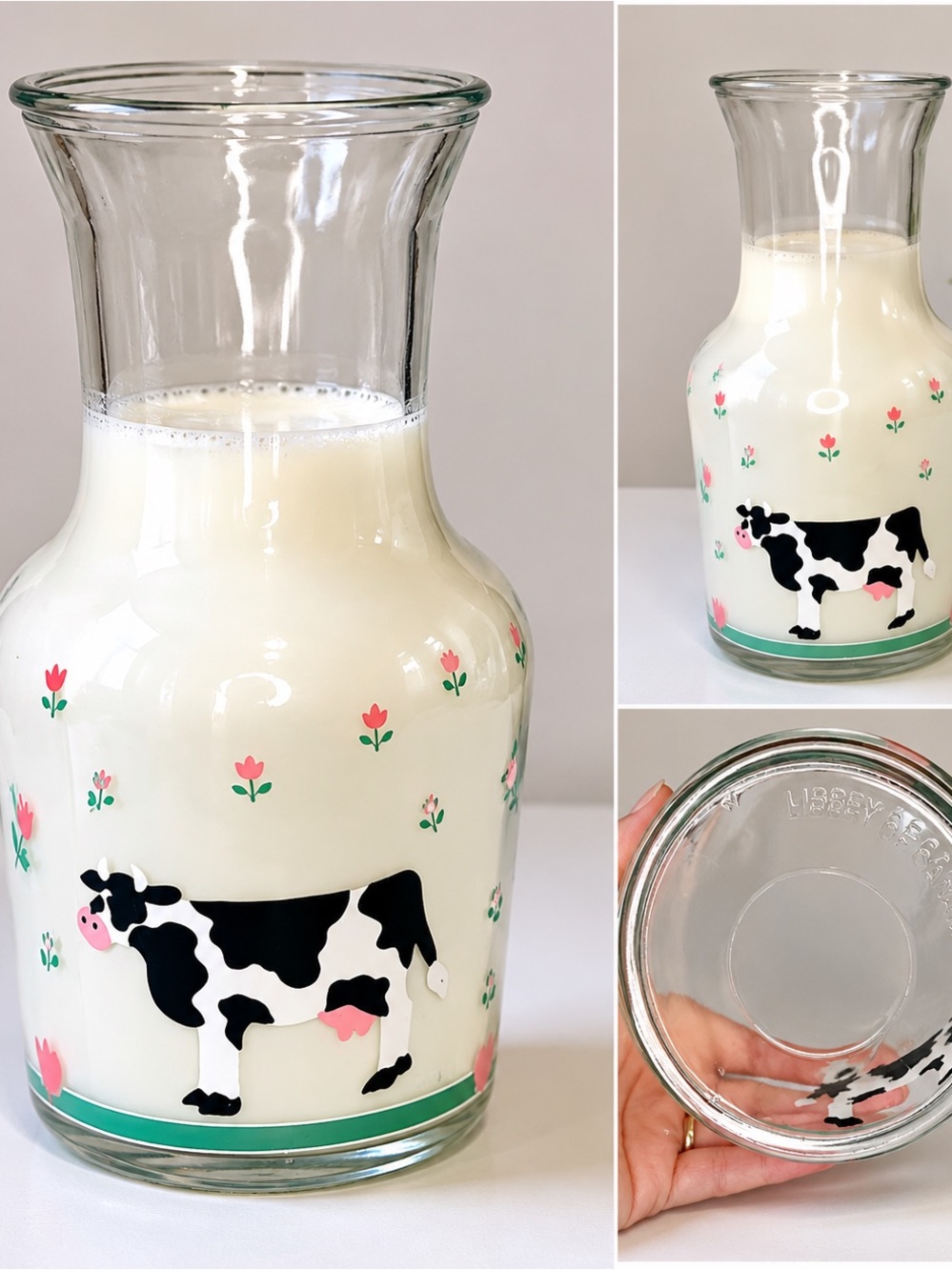 Libbey Cow Glass Milk Carafe - Pink & Black Floral Design